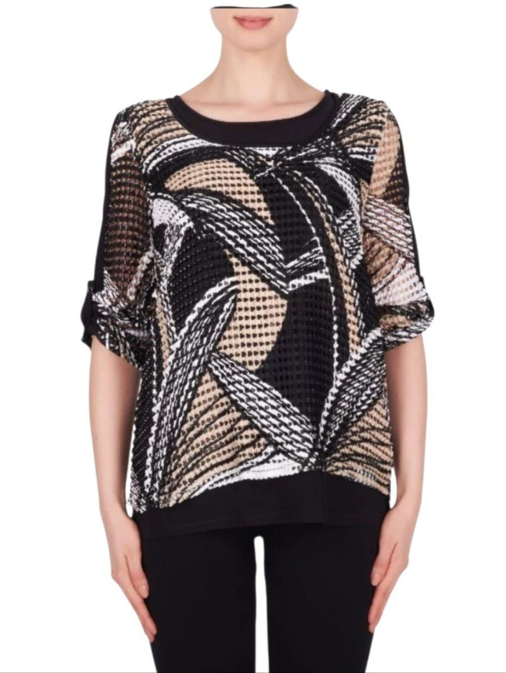 Joseph Ribkoff Black Tan White 3/4 Sleeve Geometric Print Mesh Blouse 10